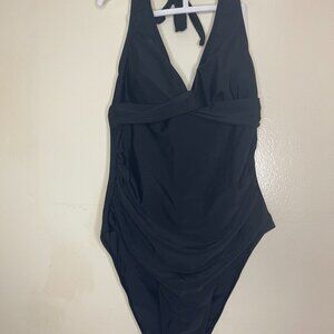 Black Halter One-Piece Swimsuit with Rushed Front & Tie Neck by Smismivo, S NWT.
